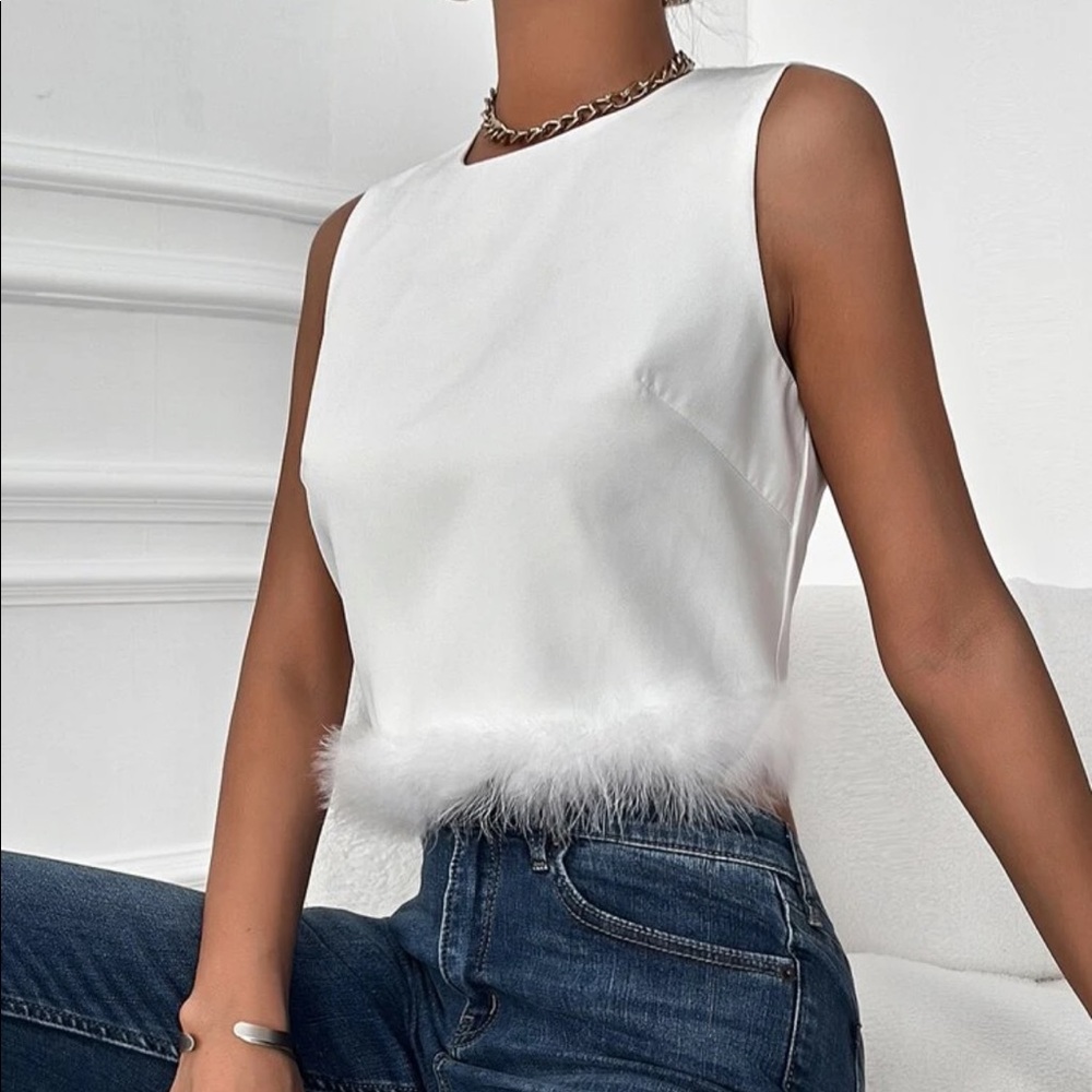 White Fuzzy Zipper Crop Top